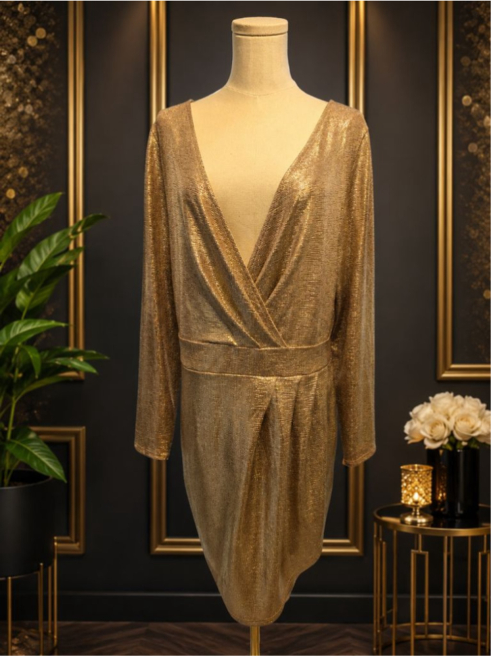 Fashion to Figure Gold Shimmer Faux Wrap Cocktail Party Dress Long Sleeve XL